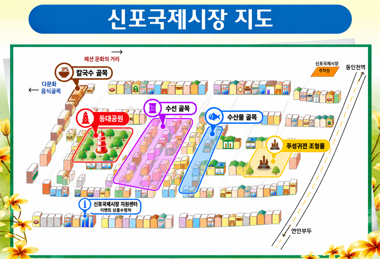 신포국제시장 골목 지도 (등대공원, 푸성귀전 조형물, 수선골목, 수산물골목, 칼국수골목)